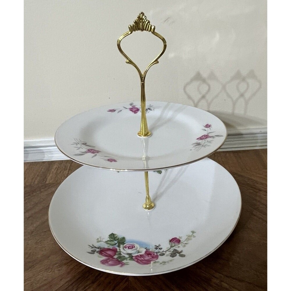 Custom Japan China Floral 2-Tiered Serving Tray Cake Stand Tea Party Wedding